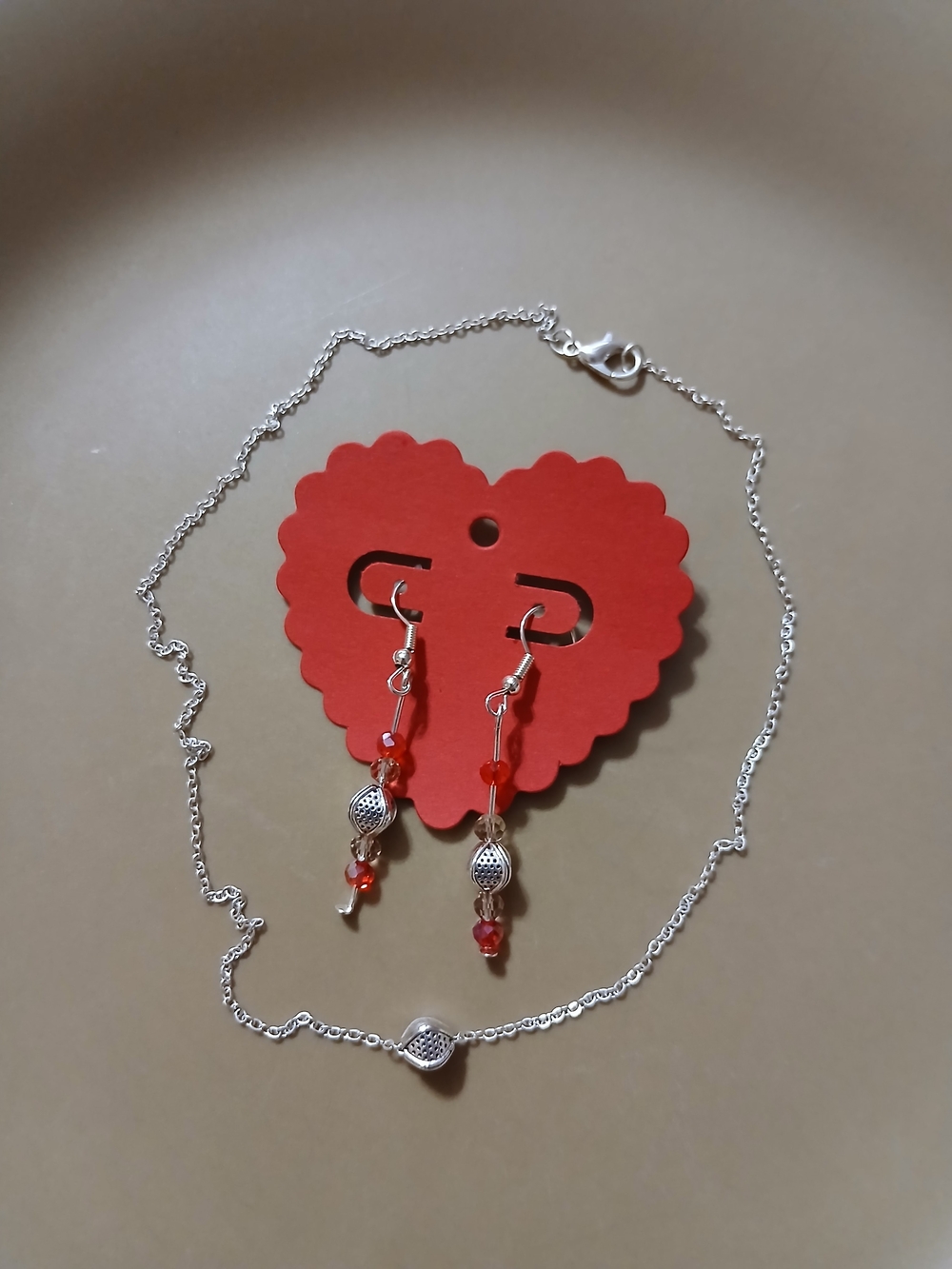 Silver Necklace and Red Bead Drop Earrings Set